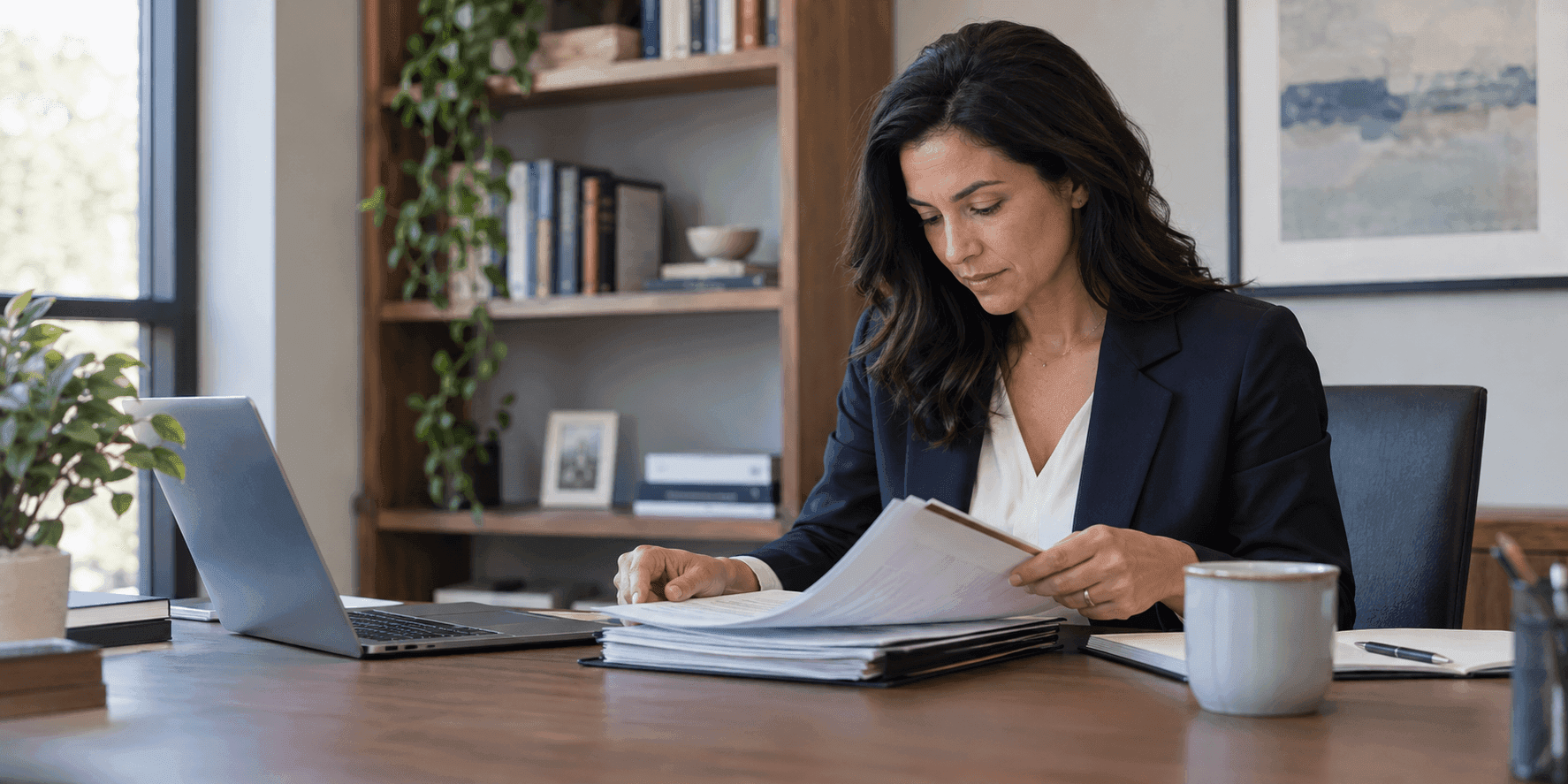 Attorney reviewing an intake packet at her desk