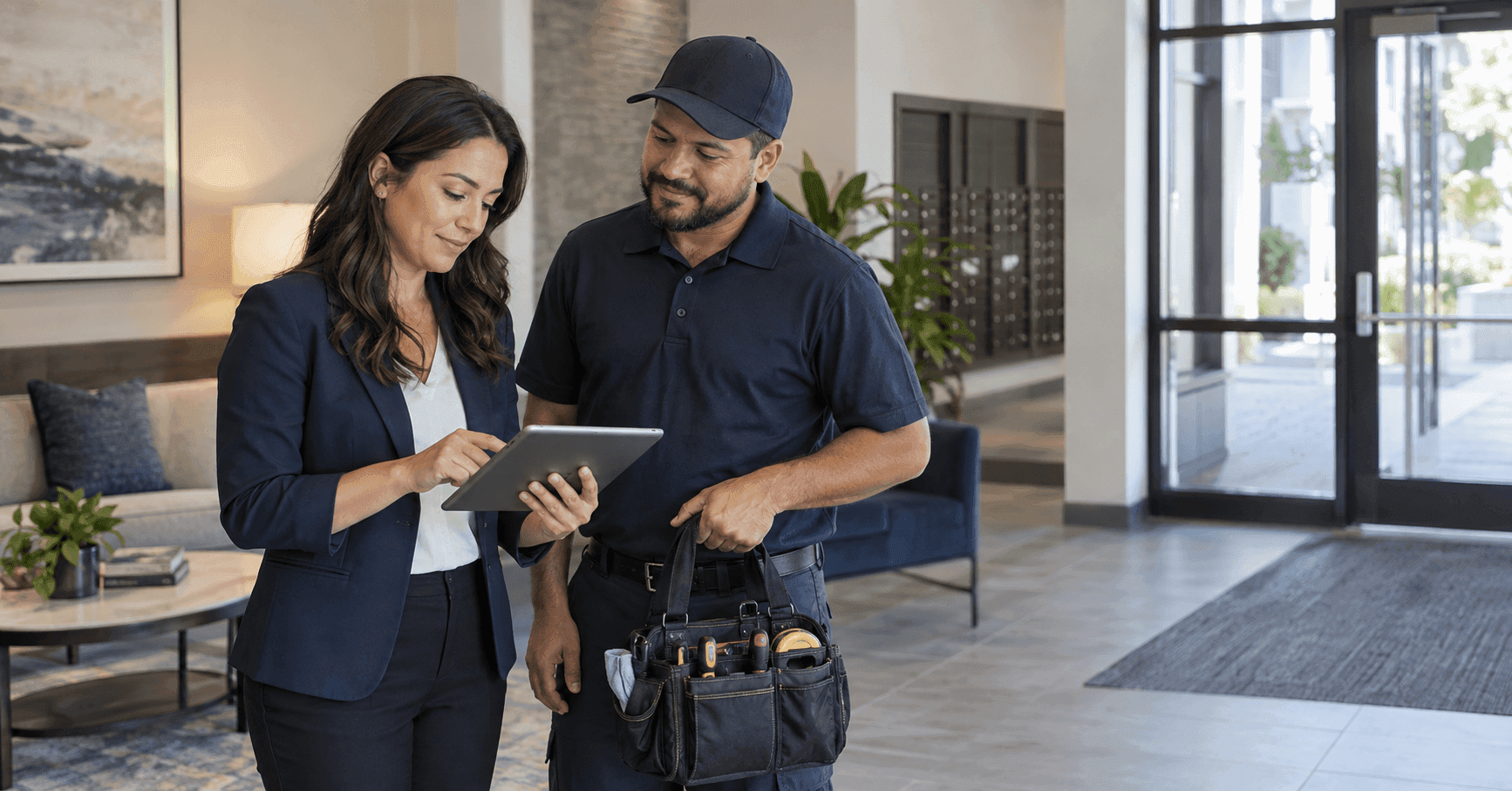 Property manager coordinating maintenance with a technician